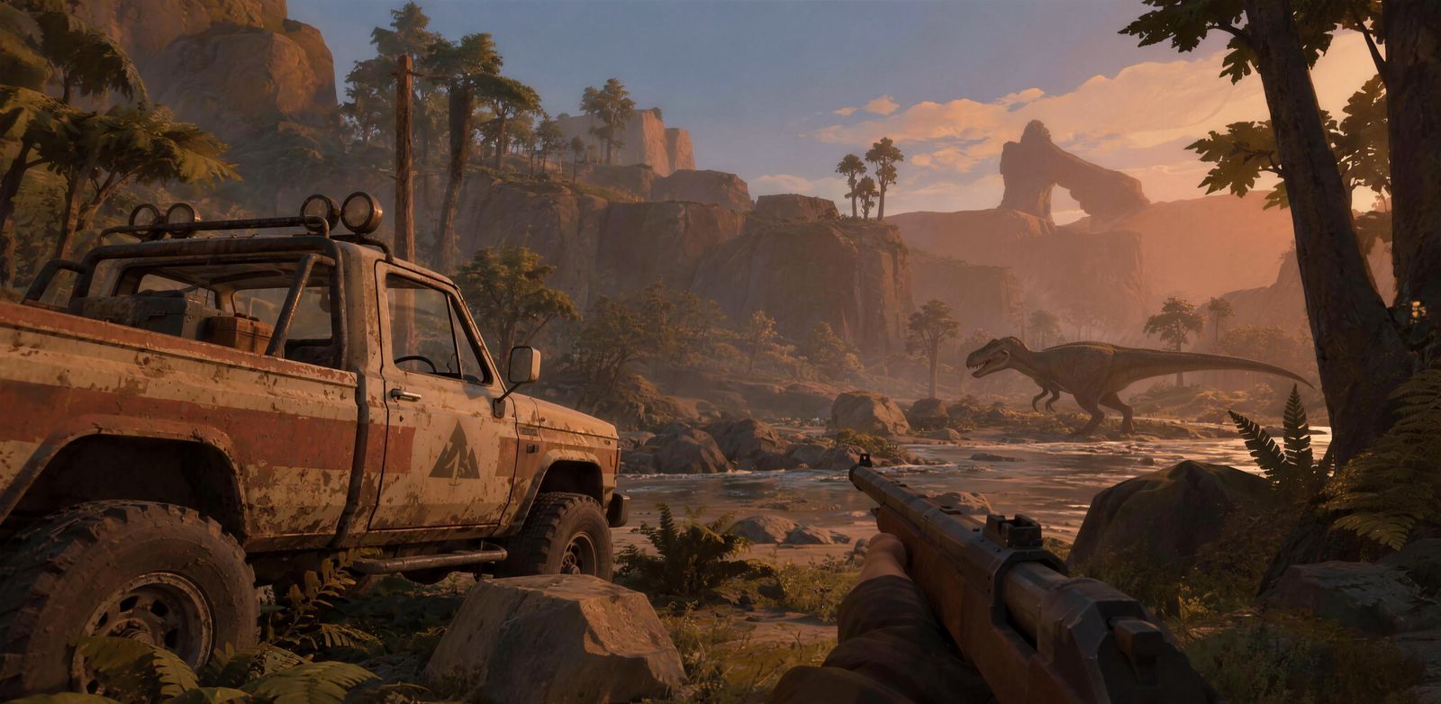 First-person view at golden dusk: a mud-streaked rust and cream pickup with a triangle mark on the door, a rifle in the player's hands, a river and a rock arch beyond, and something large standing far off by the water.